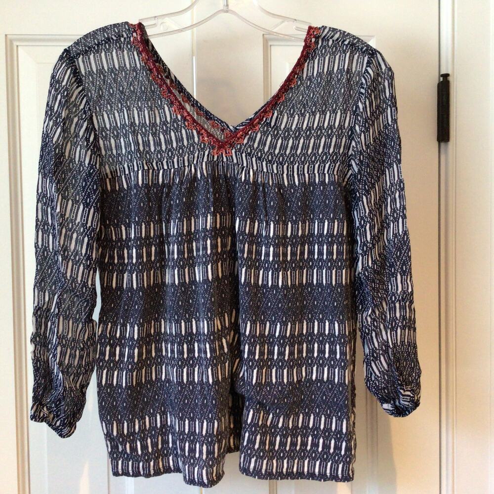 Lucky Brand Women's V-neck Embroidered Linen Blend Top Sz S